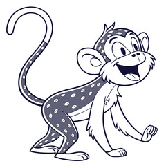 Playful cartoon monkey with patterned fur walks happily with a big smile on its face