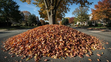 Big accumulation of fallen brown leaves piled near the pavement in a suburban setting set for community disposal