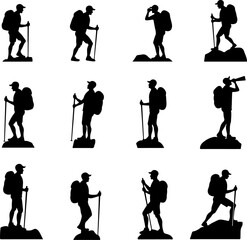 Obraz premium hiking, silhouette, group, forest, pine trees, mountain vector bundle