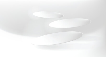 Multiple Floating Silver White Disks in Abstract Minimal 3D Scene Mesh Gradient