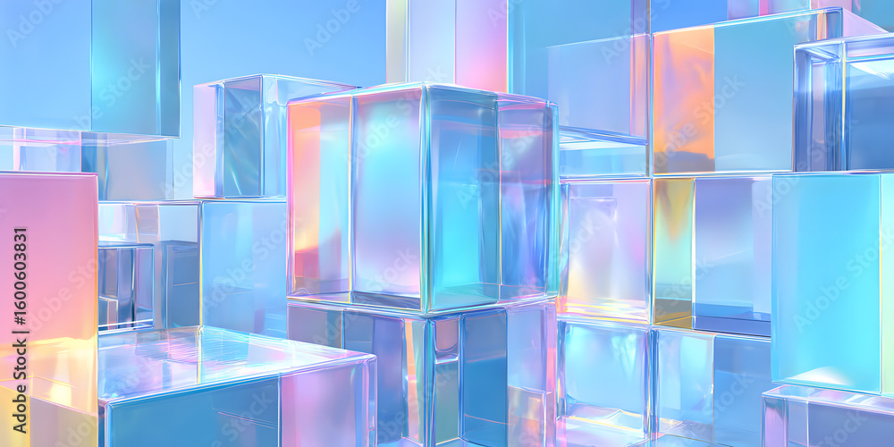 Poster abstract light blue 3d background with glass transparent square plate shapes render. crystal block g