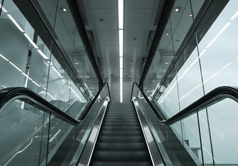 Modern escalator ascending with reflective glass architecture