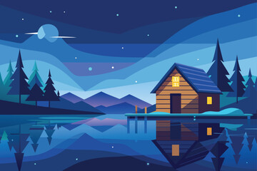 Obraz premium Winter Cabin by the Lake at Night – Vector Illustration
