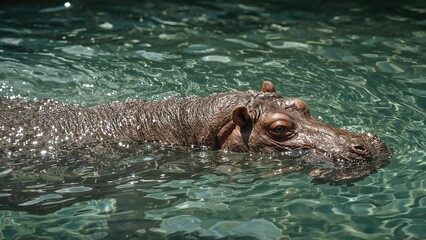 Fototapeta premium Giant hippo wading with most of its body underwater in an animal habitat