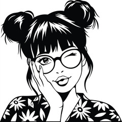 Winking girl with glasses and space buns wears floral shirt in monochrome style