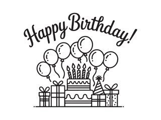  Happy birthday celebration with cake gifts and balloons silhouette vector isolated on white background