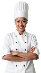 Professional chef smiling confidently in white uniform and tall hat, showcasing culinary expertise and passion for cooking
