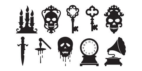 Fototapeta premium Black silhouettes of gothic objects and skulls on white