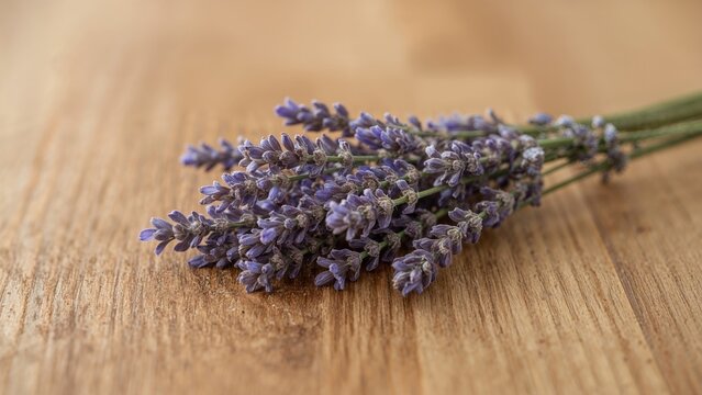 Lavender Stalks Laid Out on a Timber Surface