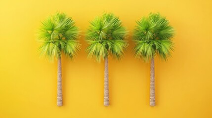 Three Vibrant Palm Trees on Yellow - Symbolizing summer, vacation, paradise, tranquility, and growth. Three lush palm trees stand against a bright yellow background