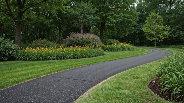 Well-maintained blacktop walkway flanked by greenery, flowering plants, and manicured grass
