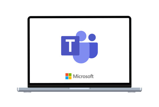 The Microsoft team logo on a laptop screen. Microsoft team mockup. Social network interface template screen. Photo frame for Microsoft team application. Stylish user interface.