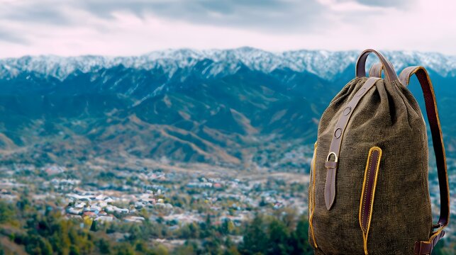 A brown backpack stands against a backdrop of snow-capped mountains and a valley town. - Powered by Adobe