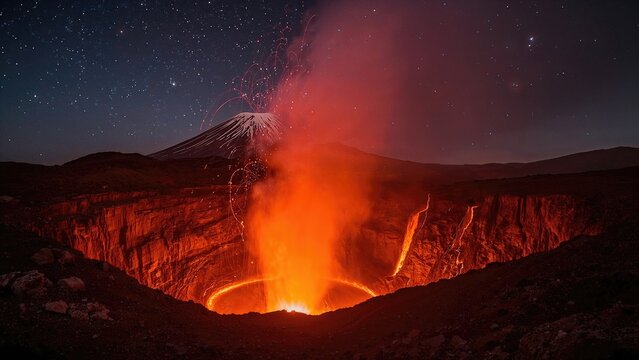 Lava fountain erupting from the North-East crater of Mount Etna under a starry night sky with volcanic landscape elements visible