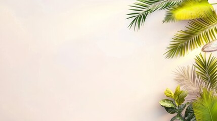 Tropical Leaf Border on Beige Background - Lush green tropical leaves arranged on a soft beige background, perfect for summer designs, invitations, or website banners