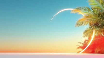 Tropical Sunset with Neon Arc - Serene sunset scene with palm trees and a glowing neon arc, perfect for travel, vacation, or summer themes