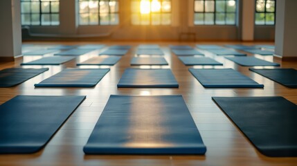 A serene yoga studio with multiple blue mats arranged neatly, illuminated by warm sunlight streaming through large windows.