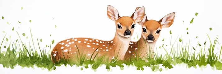 Two Fawn Pair in Meadow - Peaceful pastoral scene, two young deer resting in grass, symbolizing nature, tranquility, innocence, wildlife, and springtime