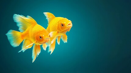 Two Golden Fish in Teal Water - Graceful, vibrant, elegant, aquatic, serene. Two golden fish swim in teal water, symbolizing peace, beauty, harmony, and freedom