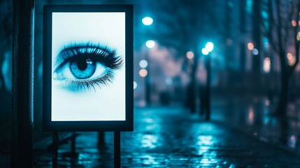 Urban Night Billboard Eye - A single blue eye dominates a billboard at night, symbolizing surveillance, observation, mystery, urban life, and intrigue