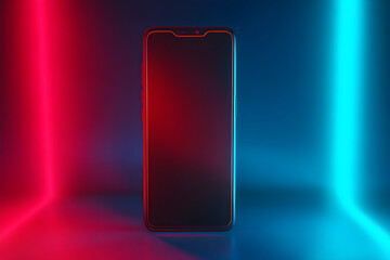 A smartphone with a black screen stands between red and blue neon lights in a dark environment .