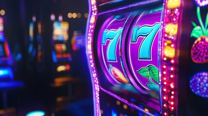 Vibrant Slot Machine Jackpot Display - A close-up of a slot machine showing a 777 jackpot, symbolizing luck, fortune, excitement, risk, and reward
