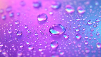 Vibrant Water Droplets on Gradient Surface - Close-up of iridescent water droplets scattered on a purple and blue gradient surface. Perfect for backgrounds or designs