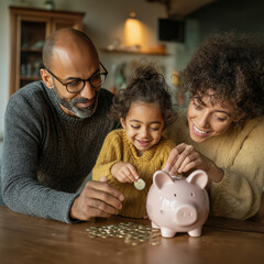 A cheerful family moment as parents help their young daughter put coins into a pink piggy bank, teaching her the importance of saving money at home.