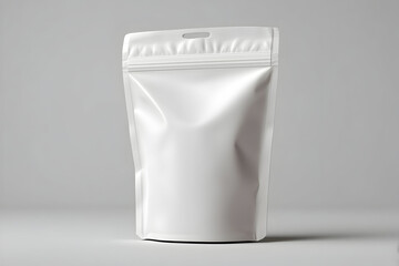A plain white flexible pouch with a zipper closure and a hanging hole on a neutral gray background .