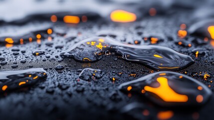 Water Droplets on Dark Metallic Surface - Abstract close-up view of water droplets on a dark metallic surface, reflecting warm orange lights.