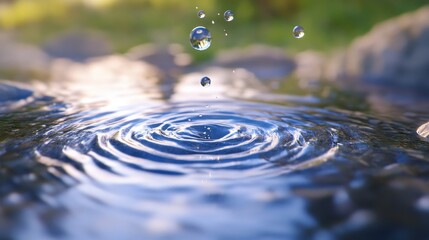 Water Droplets Rippling in Still Pond - Close-up shot of water droplets falling into a calm pond creating concentric ripples. Tranquil nature scene