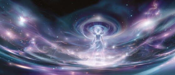 Fantasy rpg character on curved gaming smart tv with cosmic background