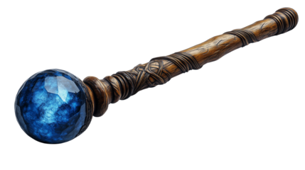 Wizard’s magical staff made from gnarled wood and adorned with mystic glowing gem in oceanic blue on transparent background