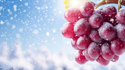 Winter Grapes: A Frozen Delight - Red grapes covered in frost, winter scene, snowy background, nature's beauty, seasonal freshness.