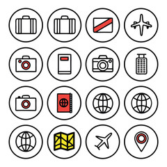 Collection of travel and vacation icons in a grid format for easy use