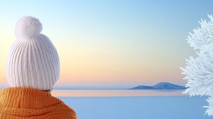 Winter Serenity: A Peaceful Sunset View - Woman in warm winter clothing admires a serene sunset over a frozen lake, snow-covered landscape, and frosted trees