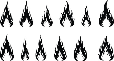 Dynamic Fire Flame Icons and Silhouette Vector Set. Ideal for Inferno, Burning, Heat, and Danger-Themed Graphic Design Elements.

