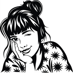 Monochrome winking woman rests her face in hand, wearing floral top and bun hairstyle