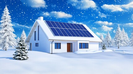 Winter Sun Solar Home Energy - Sustainable home, solar panels, snowy landscape, winter energy efficiency, clean energy.