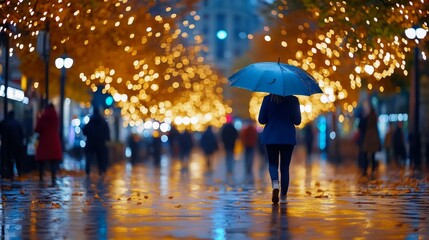 Woman Walking in Rain at Night - A woman with an umbrella walks alone down a rain-slicked city street at night, illuminated by warm string lights