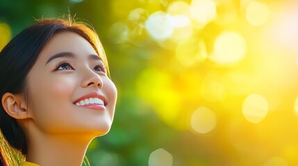 Woman Smiling Outdoors in Sunlight - A young woman smiles brightly, looking up towards the sun in a vibrant outdoor setting. Her expression is joyful and peaceful