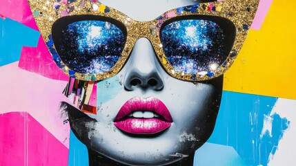 Woman Wearing Glittery Sunglasses - Close up of a woman's face wearing large, gold glitter sunglasses reflecting a galaxy. Bold colors and abstract background