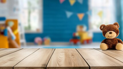 Wooden Tabletop with Teddy Bear and Blurred Playroom Background - A brown teddy bear sits on a light wooden table against a softly blurred backdrop of a colorful children's playroom.