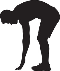 Lifter bent forward with hands on their knees, recovering after an intense set. Full silhouette in black vector design.