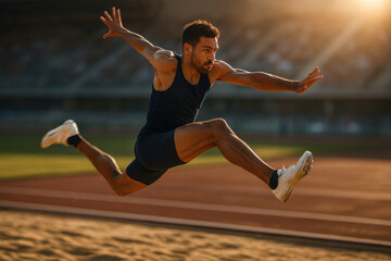 Photorealistic male triple jumper in hop phase suspended above pit with extended limbs. Concept of summer sport, control, flight, sequence, and elite jumping performance.