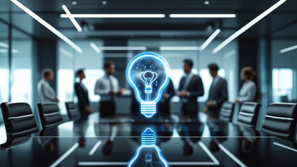 Futuristic Business Meeting with Holographic Light Bulb Idea Display in Modern Office