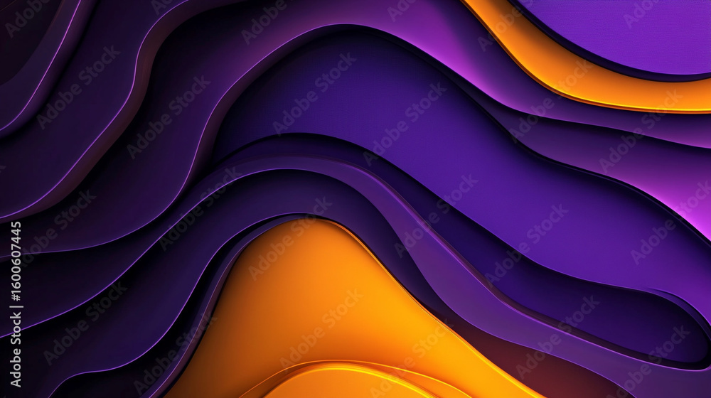 Poster a dynamic abstract background features smooth, flowing waves of deep purple and vibrant orange, crea