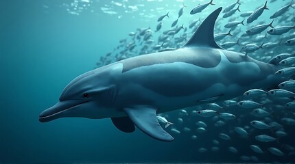 Fototapeta premium A bottlenose dolphin swims amidst a school of fish in the ocean depths.