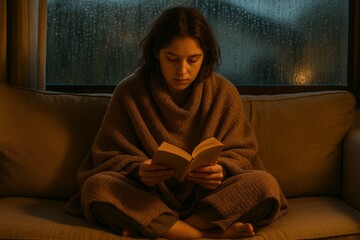 Fototapeta premium Cozy evening spent indoors reading by the window during rain