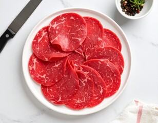 "Artistic food still life: freshly sliced, vibrant red beef fanned out on a simple white plate, with a hint of a sharp knife in the background. Natural, appealing colors and textures. Clean, minimalis